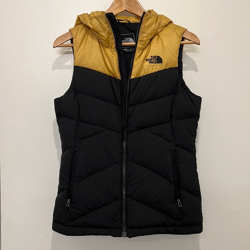 The North Face Puffer Vest Women's Xs Hooded 650 Down Gold Black